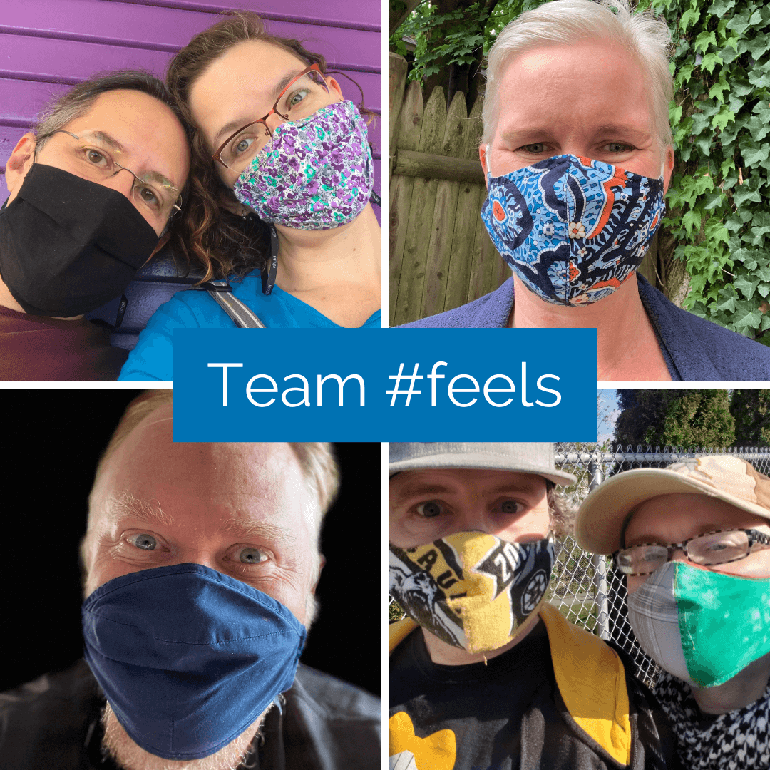 Four photos of people wearing masks; text reads: team #feels