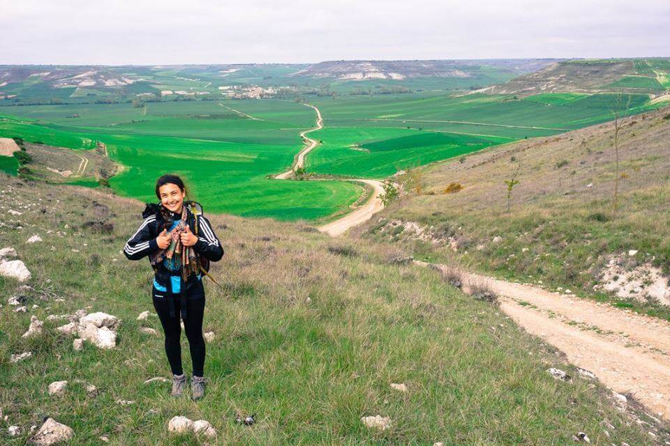 person standing in rolling green hills