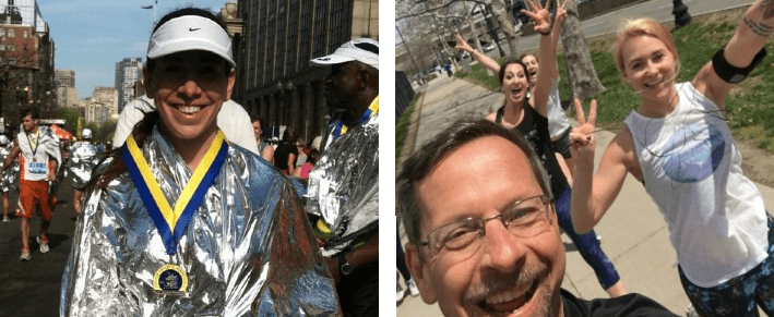 (left) A woman wears a Boston Marathon medal in celebration; (right) Three women and one man pose for a selfie