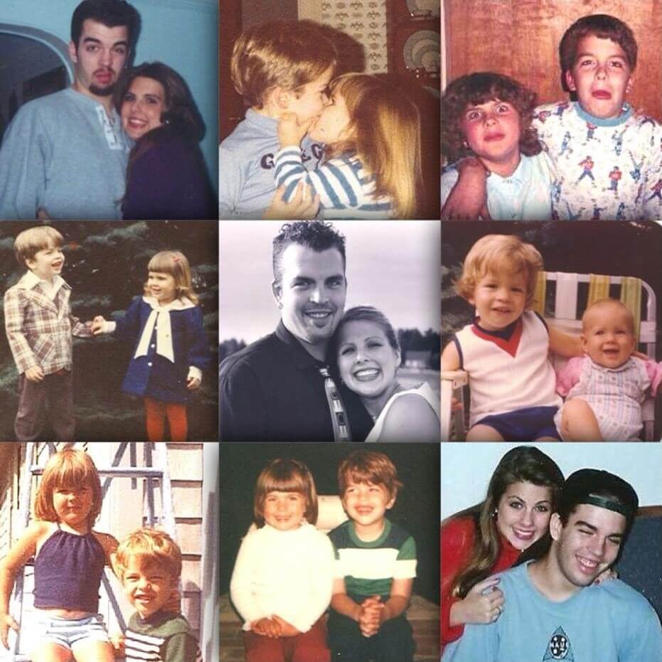 A collage of childhood photos of a brother and sister