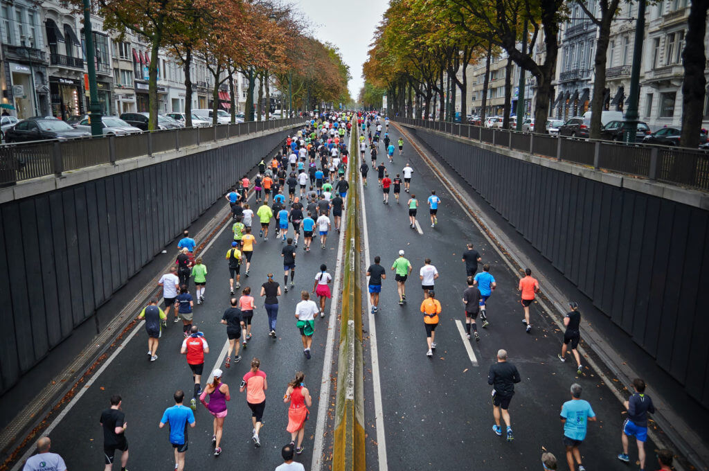 An overhead shot of runners in the NYC Marathon.