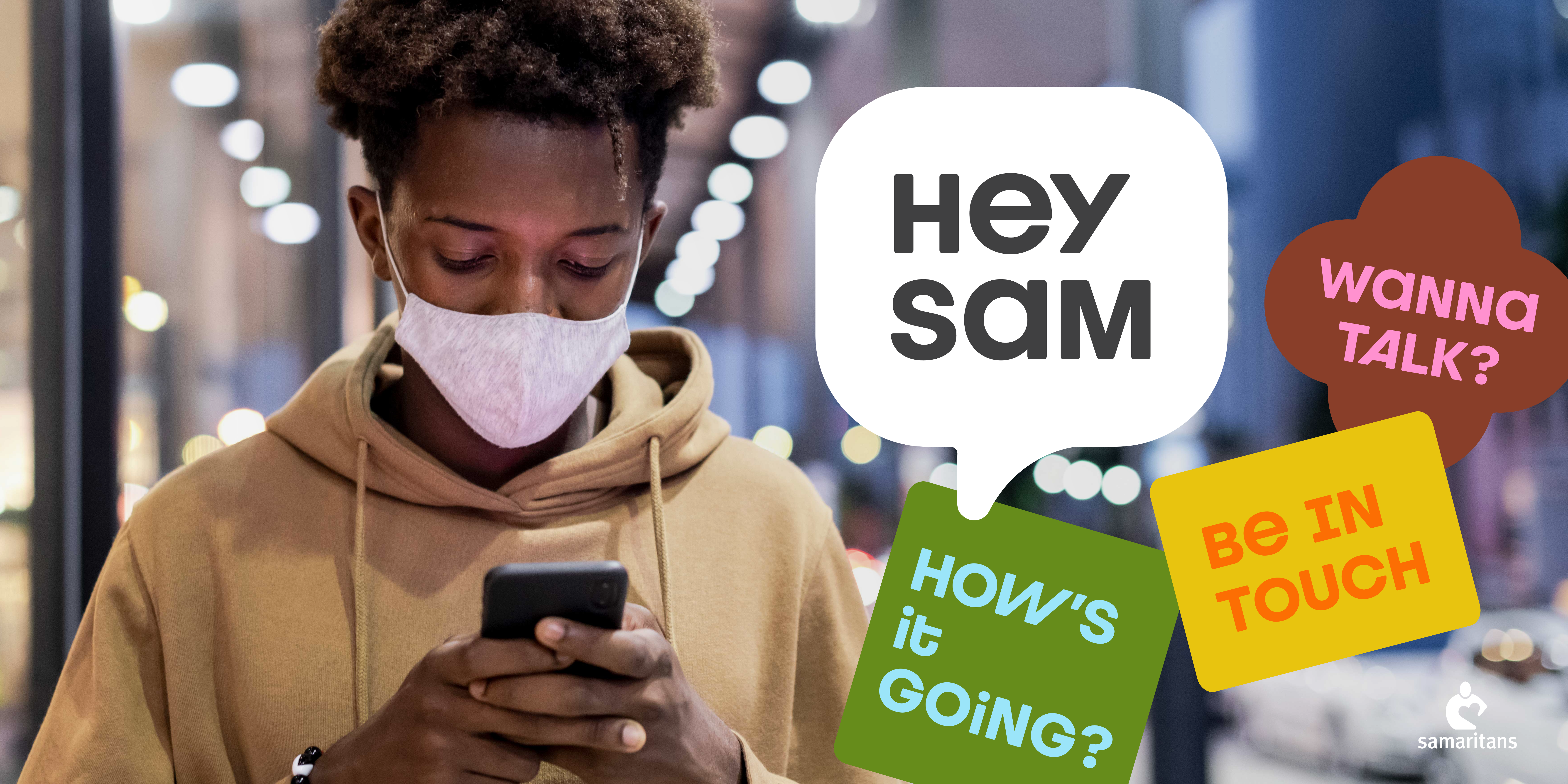 Young adult, texting Hey Sam support line.