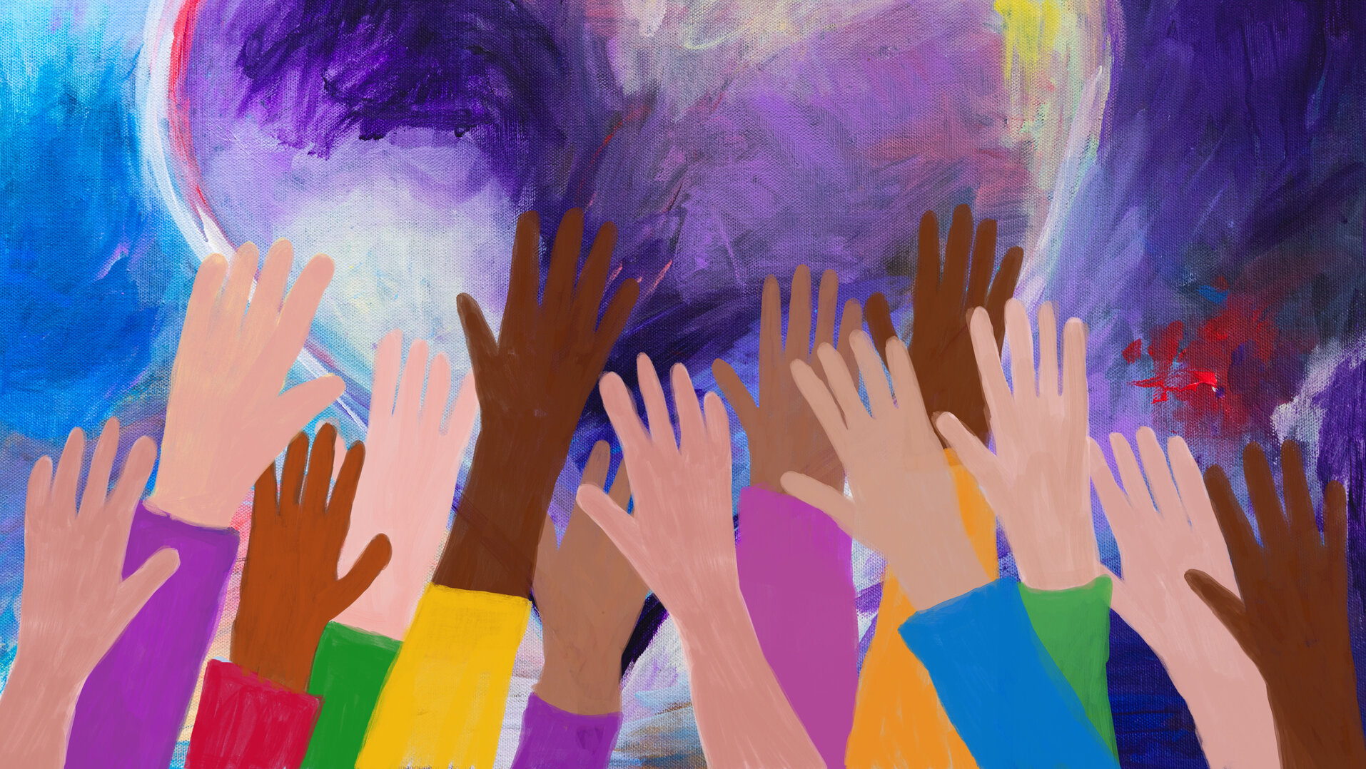 Raised hands and heart-shaped acrylic painting